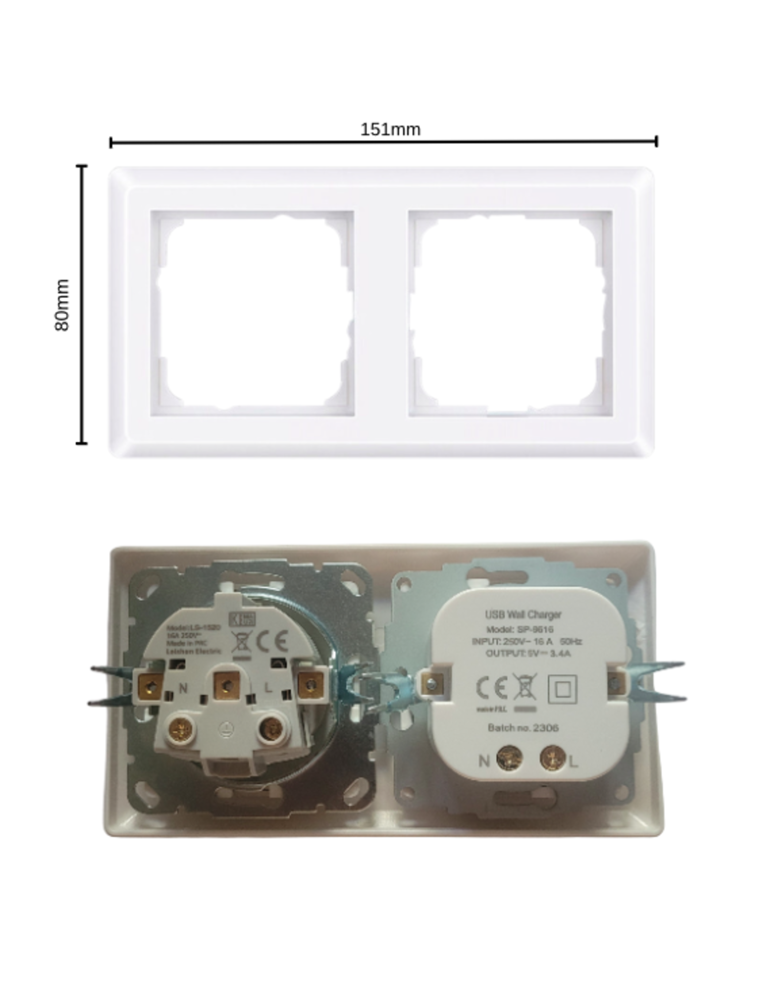 CoshX® Set van 6 stuks, Dubbel USB stopcontact wit met 2 x USB A + 1 x USB C inbouw 3.4A