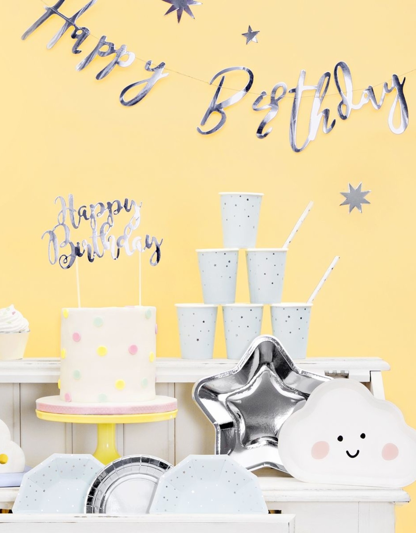 PartyDeco PartyDeco Cake Topper Happy Birthday - Zilver
