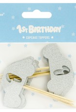 PartyDeco PartyDeco Cupcake Toppers 1st Birthday Zilveren Auto Set/6