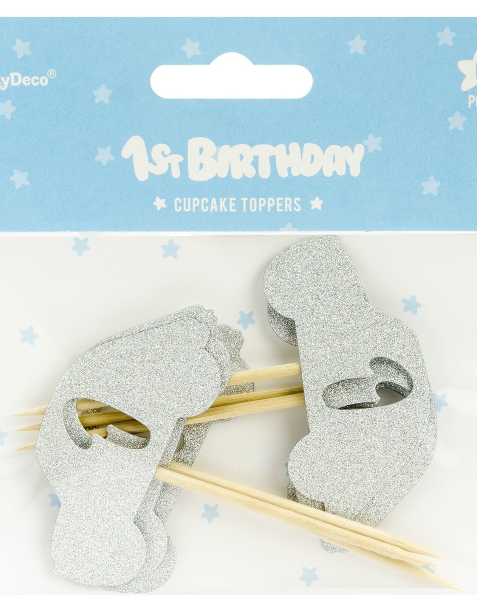 PartyDeco PartyDeco Cupcake Toppers 1st Birthday Zilveren Auto Set/6