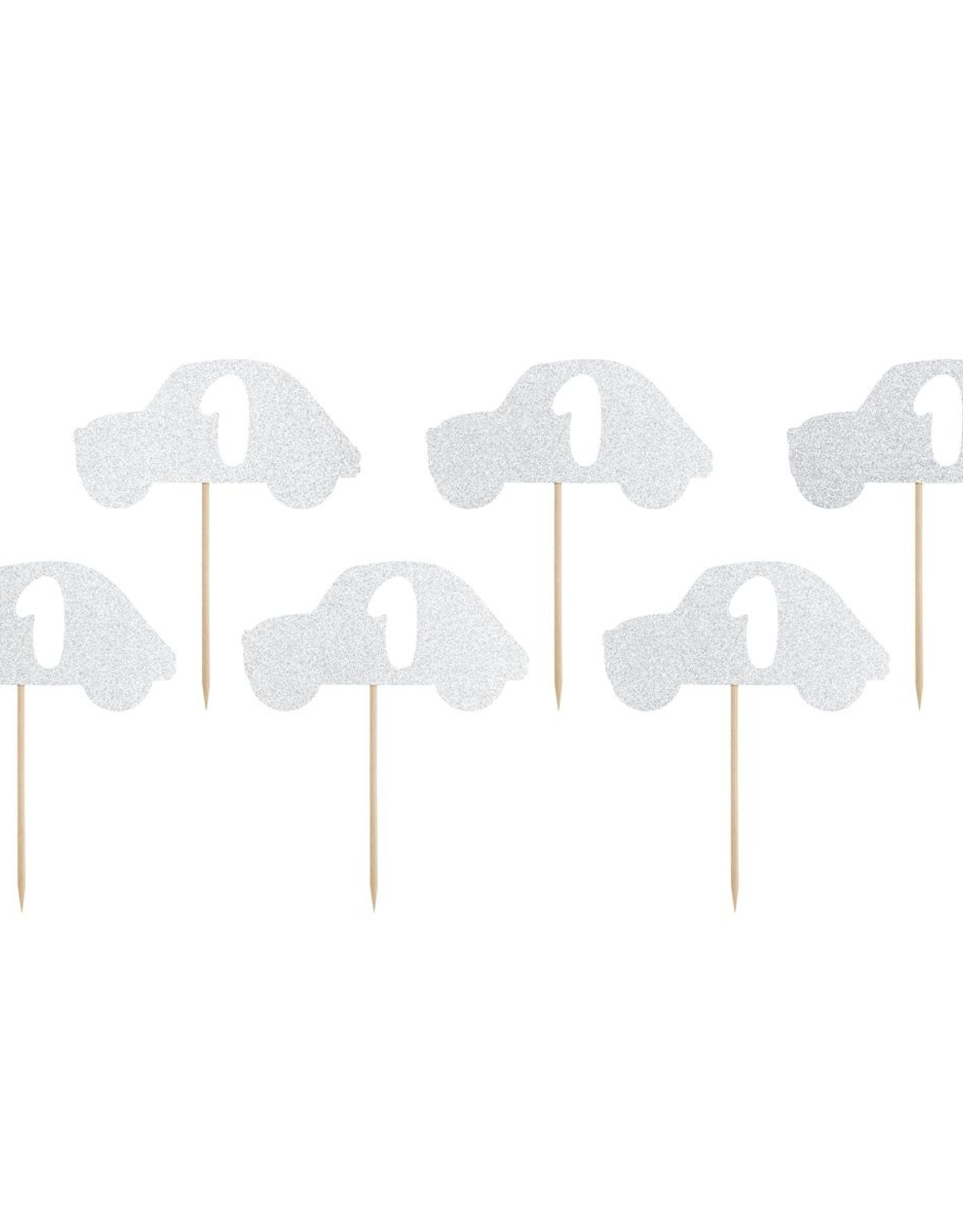 PartyDeco PartyDeco Cupcake Toppers 1st Birthday Zilveren Auto Set/6