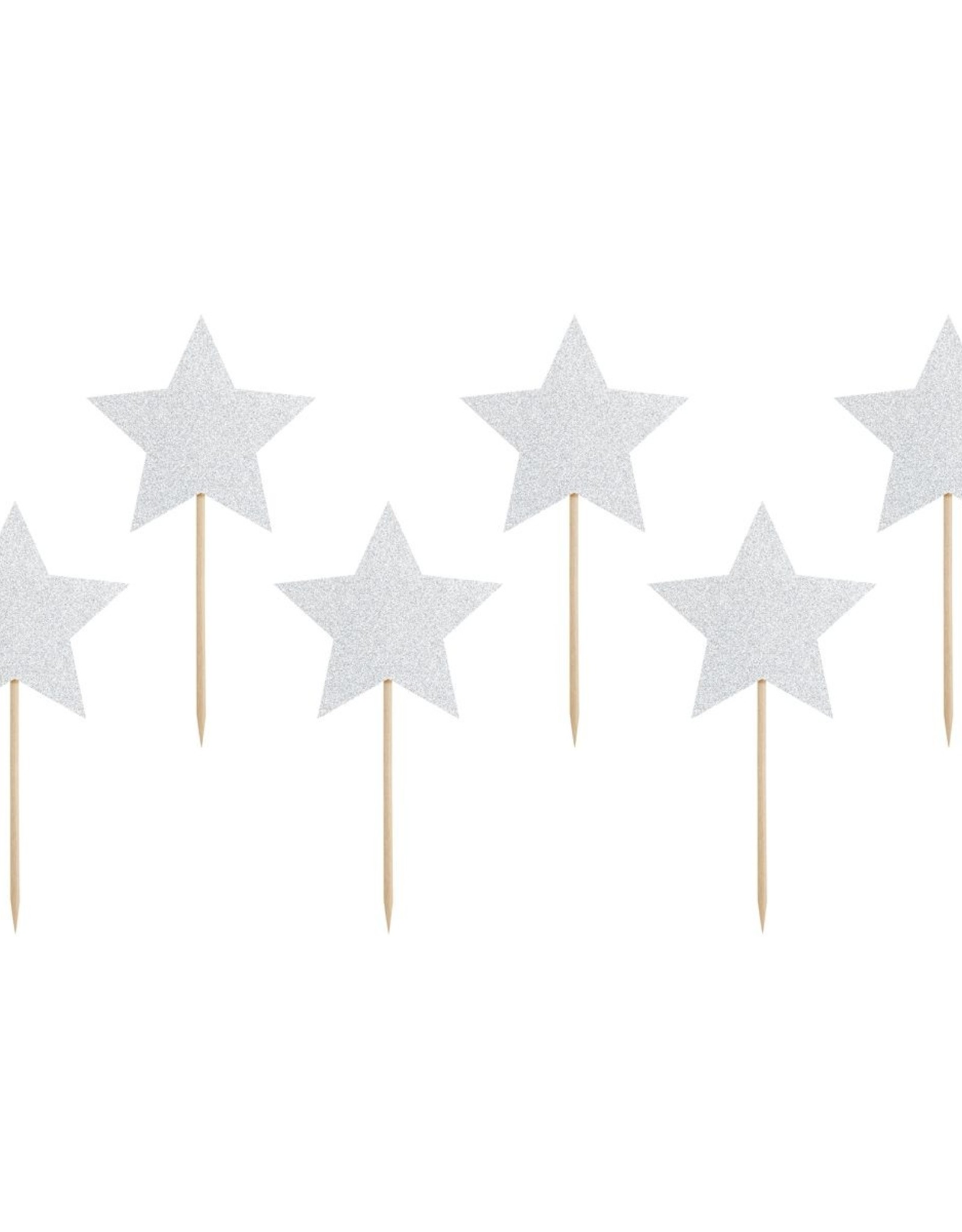 PartyDeco PartyDeco Cupcake Toppers Sterren - Zilver Set/6