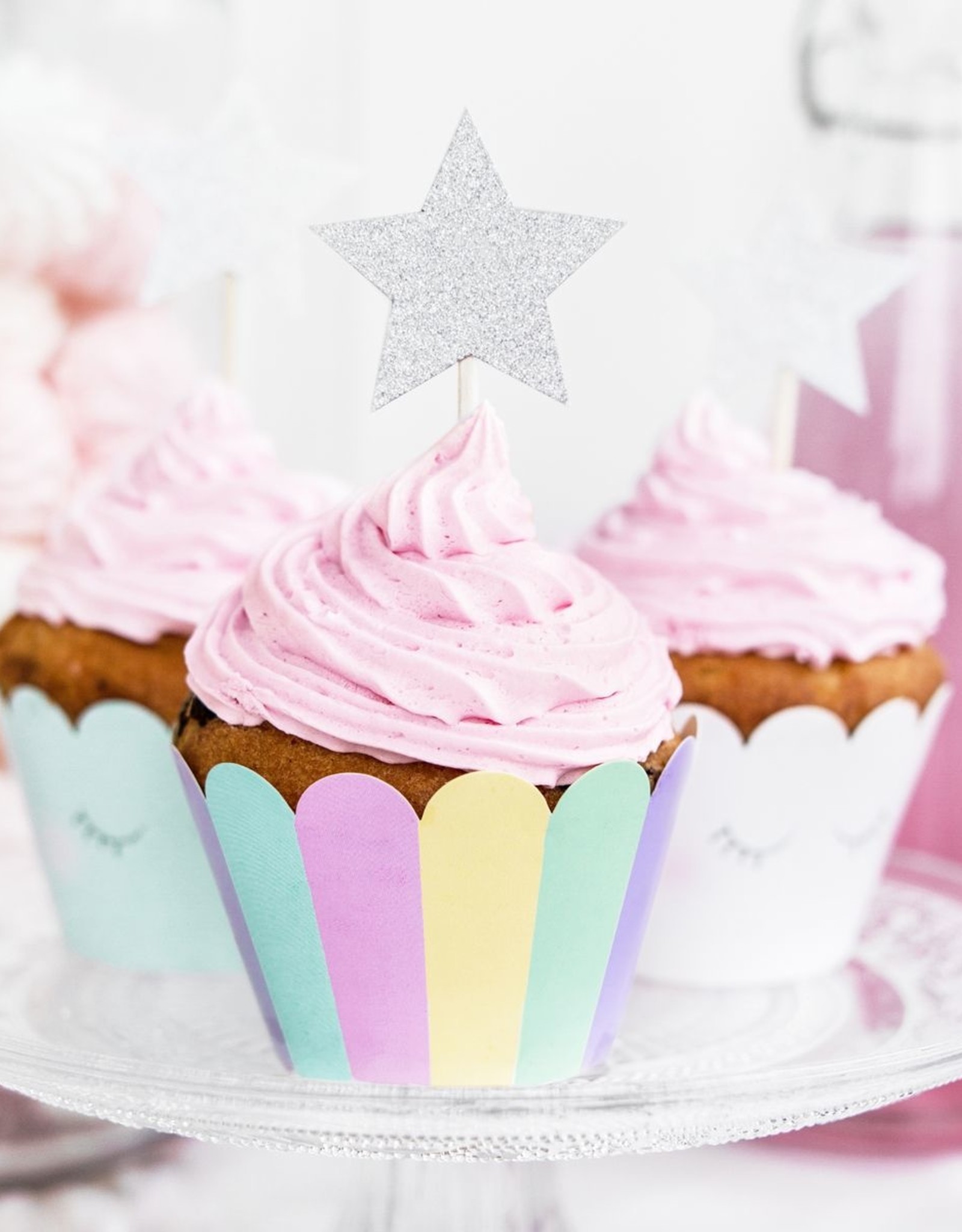 PartyDeco PartyDeco Cupcake Toppers Sterren - Zilver Set/6