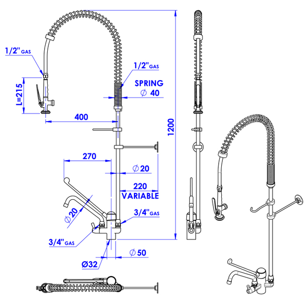 Gastro-Inox monobloc voorspoeldouche met handsfree en zwenkkraan van 250mm | Totale hoogte 1200mm | Verchroomd koper