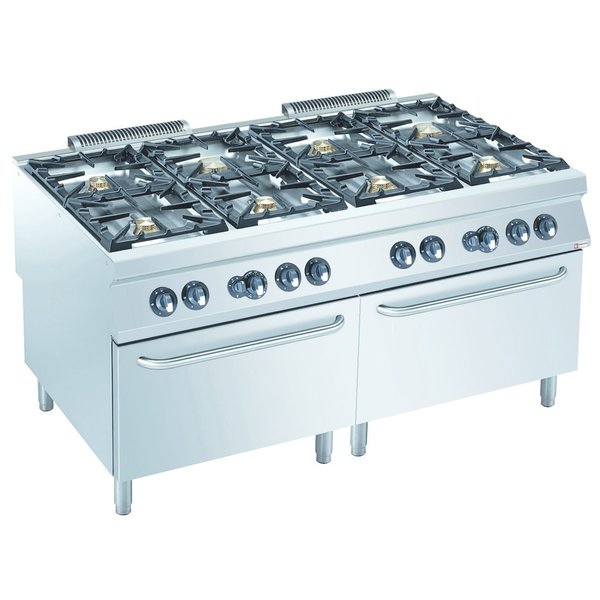 Gasfornuis | 8 Branders | 2x 10kW + 6x 6kW | Met Gasoven 2x 8.5kW - GN 2/1 | 1600x900x850/920(h)mm