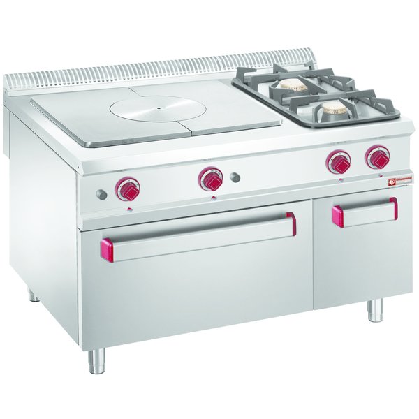 Gasfornuis | 2 Branders + 2 Doorkookplaat | 1x 7kW + 1x 11kW | Gasoven 7kW met neutrale kast GN 2/1 | 1200x900x850/920(h)mm