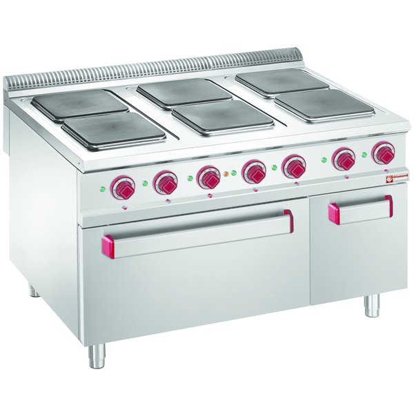 Fornuis | Elektrisch | 6 Vierkante Kookplaten | 4x 3kW + 2x 4kW | Met Elektrische Oven 6kW | GN 2/1 | Neutrale kast | 1200x900x850/920(h)mm