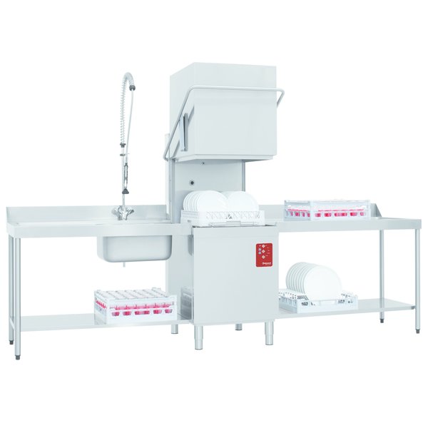 Doorschuifvaatwasser | Met Inlooptafel + Uitlooptafel + Spoeldouchekraan | 500x500mm Mand | 400V | 2620x740x1530/2010(h)mm