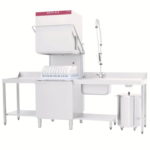 Horeca vaat/pottenwasser doorschuif met inlooptafel, uitlooptafel en spoeldouchekraan | 600x500mm mand + waterverzachter | 400V | 2620x740x1510/1945(h)mm