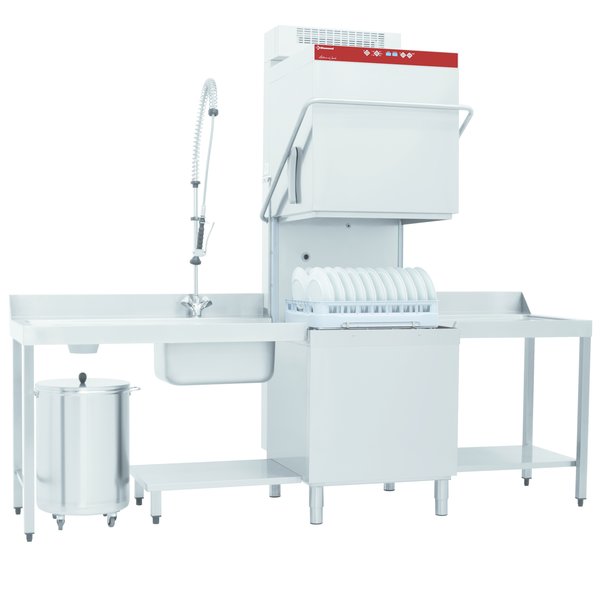Horeca vaat/pottenwasser doorschuif met inlooptafel, uitlooptafel en spoeldouchekraan | 600x500mm mand + waterverzachter | 400V | 2620x740x1510/1945(h)mm