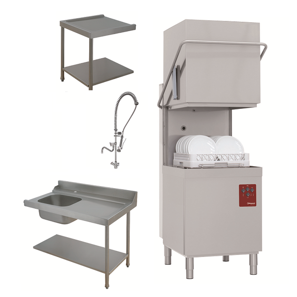 Doorschuifvaatwasser | Met Inlooptafel + Uitlooptafel + Spoeldouchekraan | 500x500mm Mand  | 400V | 2620x800x1530/2010 (h)mm