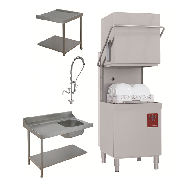 Doorschuifvaatwasser | Met Inlooptafel + Uitlooptafel + Spoeldouchekraan | 500x500mm Mand | 400V | 2620x740x1530/2010 (h)mm