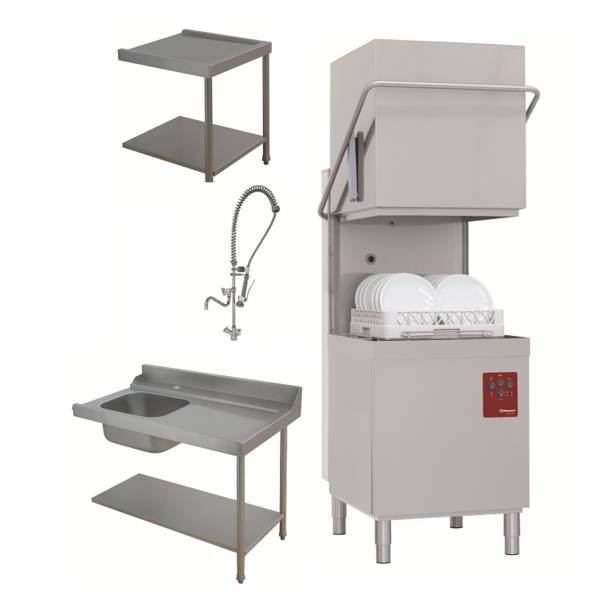 Doorschuifvaatwasser | Inlooptafel + Uitlooptafel + Spoeldouchekraan | 500x500mm Mand | 400V | 2620x740x1530/2010(h)mm