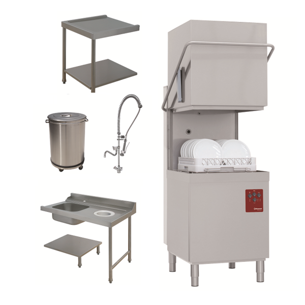 Doorschuifvaatwasser | Met Inlooptafel + Uitlooptafel + Spoeldouchekraan | 500x500mm Mand | 400V | 2620x740x1530/2010(h)mm