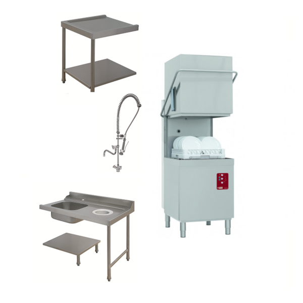 Doorschuifvaatwasser | Met Inlooptafel + Uitlooptafel + Douchespoelkraan | 500x500mm Mand + Break Tank | 400V | 2620x800x1530/2010(h)mm