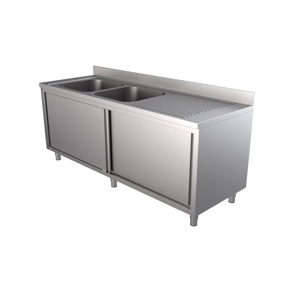 Spoeltafel | RVS | 2 Spoelbakken Links + Achteropstand  + Schuifdeuren | 2000x700x850(h)mm