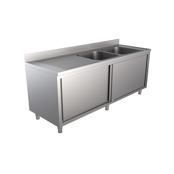 Spoeltafel | RVS | 2 Spoelbakken Rechts + Achteropstand + Schuifdeuren | 2000x700x850(h)mm