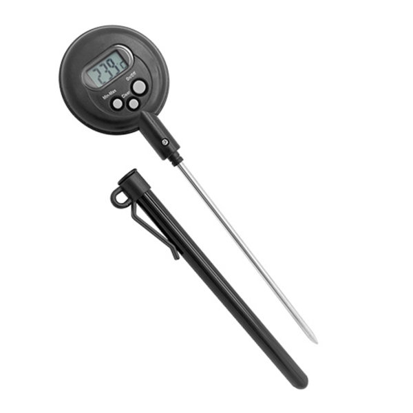 Thermometer zwart digitaal kunststof met clip bevestiging en kunststof beschermhuls -10/+200 graden 17(l)cm
