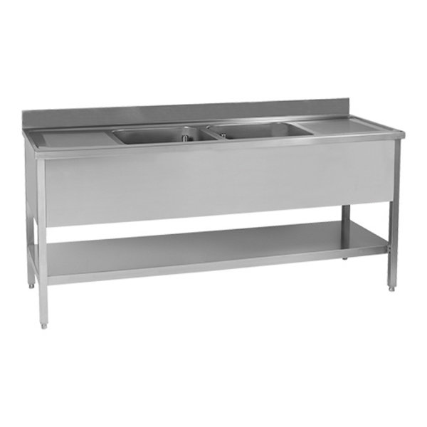 RVS spoeltafel met onderschap + achteropstand en 2 spoelbakken | 2000mm diep | 2000x700x870(h)mm