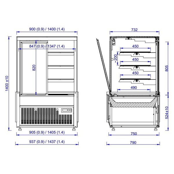 Koelvitrine | 420L | Zwart | +4°C/+12°C | 4 Schappen | 937x800x1400(h)mm