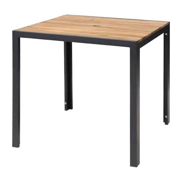 Tafel | Hout/Staal | Acaciahout Blad | Zwart Frame | In-/Outdoor | Parasolgat | 800x800x740(h)mm
