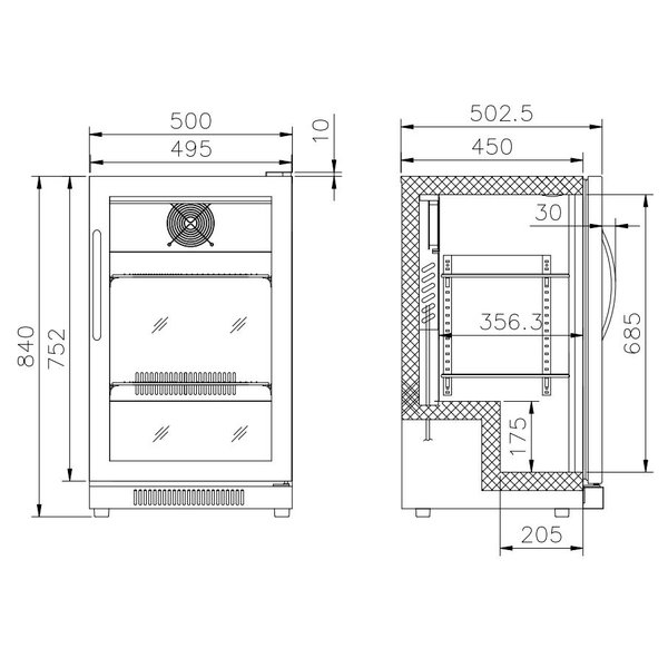 Barkoeler Zwart 98L | 1 Volledige Glasdeur | 230V | Geforceerd | 500x500x840(h)mm