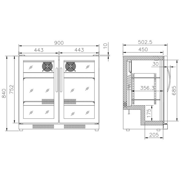 Barkoeler Zwart 198L | 2 Volledige Glasdeuren | 230V | Geforceerd | 900x500x840(h)mm