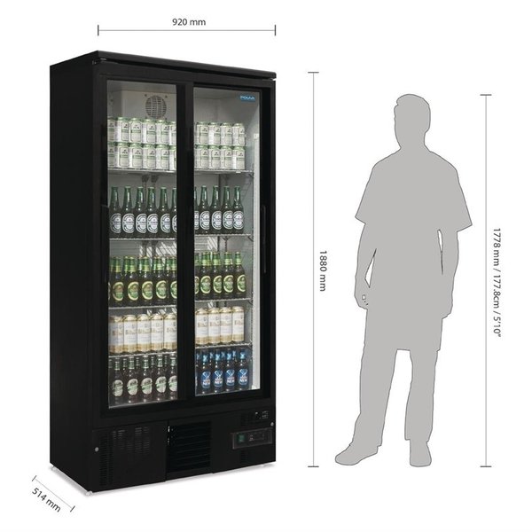 Drankenkoeling | 490L | Zwart | +2°C/+8°C | Geventileerd | 0.25kW | Schuifdeuren | Wielen | 920x514x1880(h)mm