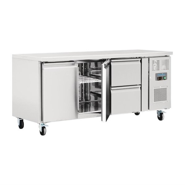 Koelwerkbank | 417L | 2 Deuren + 2 Laden (1/1 GN) | -2°C/+5°C | Geforceerd | 0.35kW | Wielen (Geremd) | 1795x700x860(h)mm