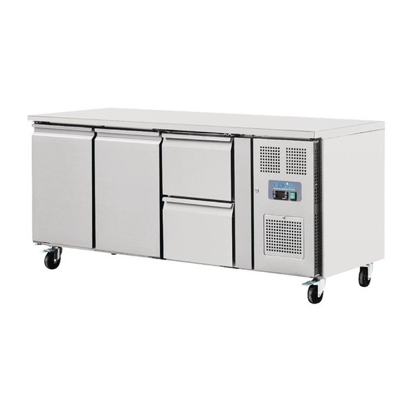 Koelwerkbank | 417L | 2 Deuren + 2 Laden (1/1 GN) | -2°C/+5°C | Geforceerd | 0.35kW | Wielen (Geremd) | 1795x700x860(h)mm