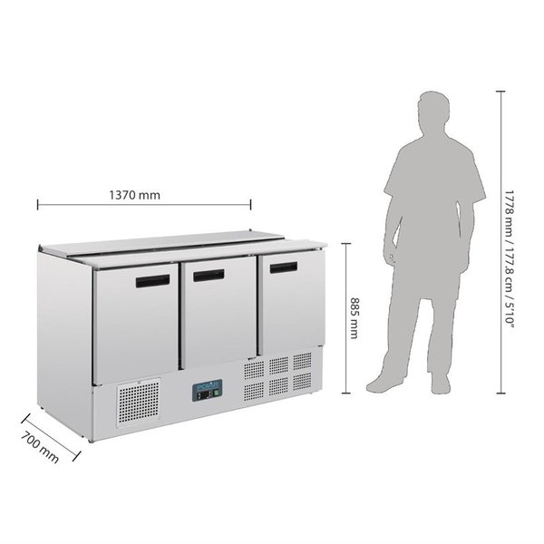 G-serie RVS gekoelde saladette 3-deurs | 368L | 1/1 GN | 230V | 1370x700x885(h)mm