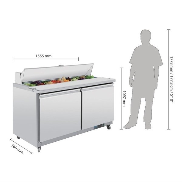 U serie RVS gekoelde saladette 2-deurs op wielen  | 527L | 1/6GN | 1555x760x1097(h)mm