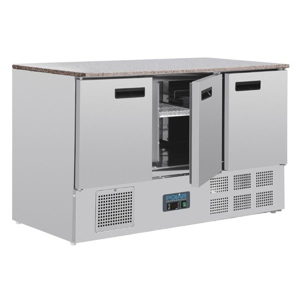 Koelwerkbank | 368L | 3 Deuren (1/1 GN) | +2°C/+5°C | Geventileerd | 0.24kW | Natuursteen Werkblad | 1370x700x880(h)mm