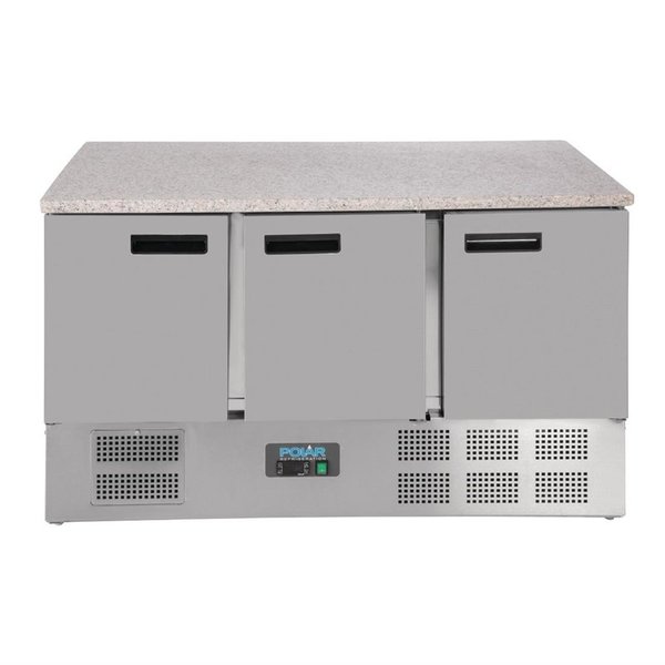 Koelwerkbank | 368L | 3 Deuren (1/1 GN) | +2°C/+5°C | Geventileerd | 0.24kW | Natuursteen Werkblad | 1370x700x880(h)mm