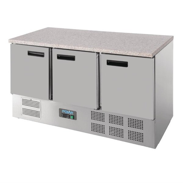 Koelwerkbank | 368L | 3 Deuren (1/1 GN) | +2°C/+5°C | Geventileerd | 0.24kW | Natuursteen Werkblad | 1370x700x880(h)mm