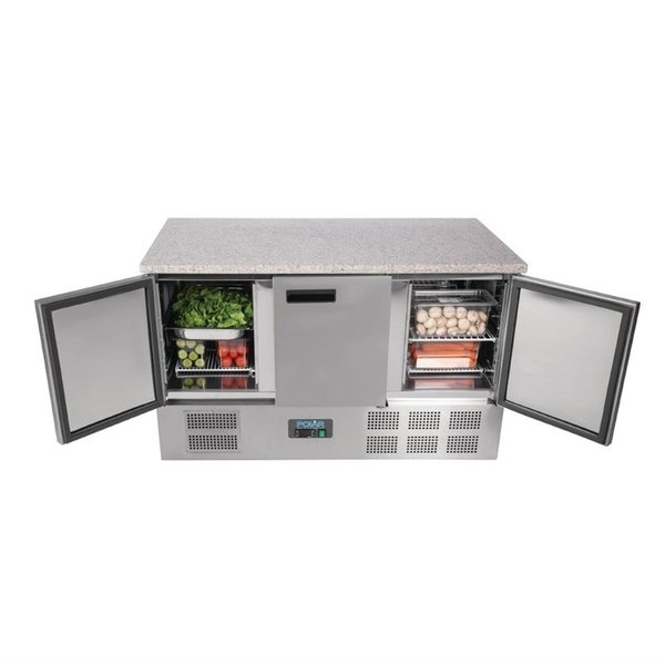 Koelwerkbank | 368L | 3 Deuren (1/1 GN) | +2°C/+5°C | Geventileerd | 0.24kW | Natuursteen Werkblad | 1370x700x880(h)mm