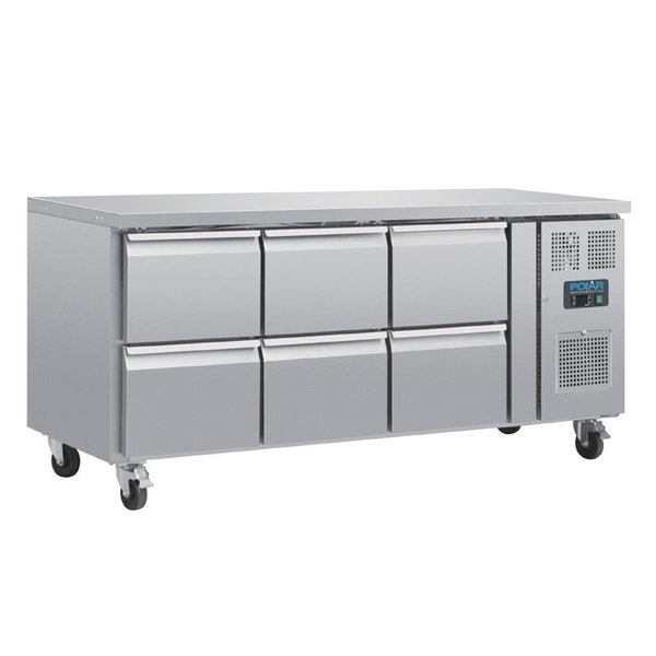 Koelwerkbank | 465L | 6 Laden (1/1 GN) | -2°C/+8°C | Geforceerd | 0.3kW | Wielen (Geremd) | 1795x700x860(h)mm