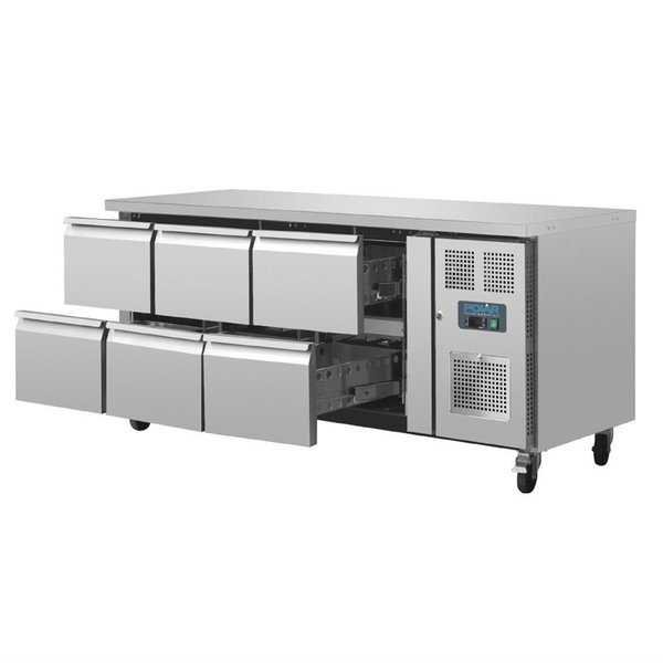 Koelwerkbank | 465L | 6 Laden (1/1 GN) | -2°C/+8°C | Geforceerd | 0.3kW | Wielen (Geremd) | 1795x700x860(h)mm