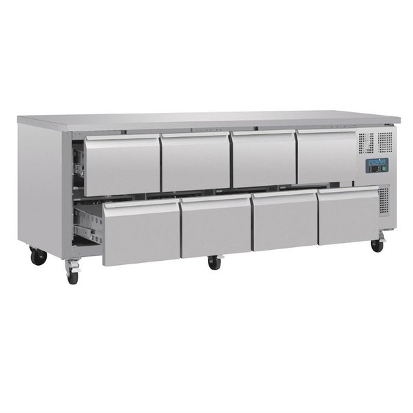 Koelwerkbank | 553L | 8 Laden (1/1 GN) | -2°C/+8°C | Geforceerd | Wielen (Geremd) | 2230x700x850(h)mm