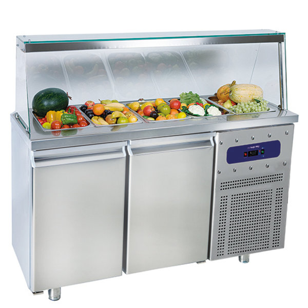 Saladette RVS 281L | 2 Deurs | Met Glasopzet | 4x 1/1 GN | Geventileerd  | -2/+8 Graden  | 1400x700x1375(h0mm