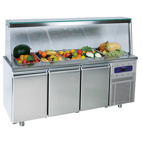 Saladette RVS met glasopzet  474L | 3 deurs | Geventileerd | -2/+8 graden | 5x 1/1 GN | 230V | 1865x700x1375(h)mm