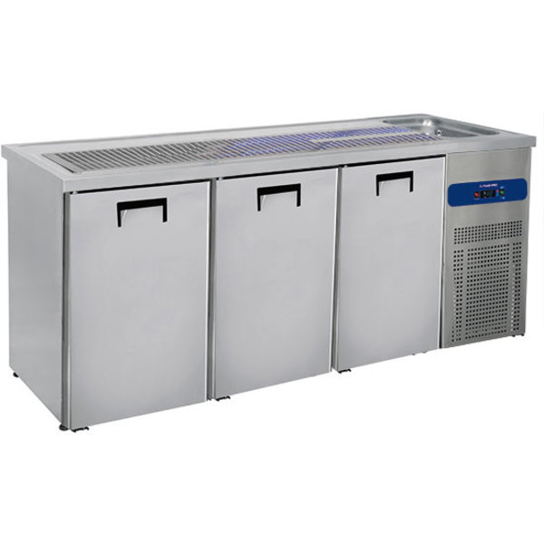 Bierkoeler RVS | 3 deurs | Met 1 spoelbak rechts | 230V | Voor 3x 50L fusten | Geventileerd  | 2100x700x960(h)mm