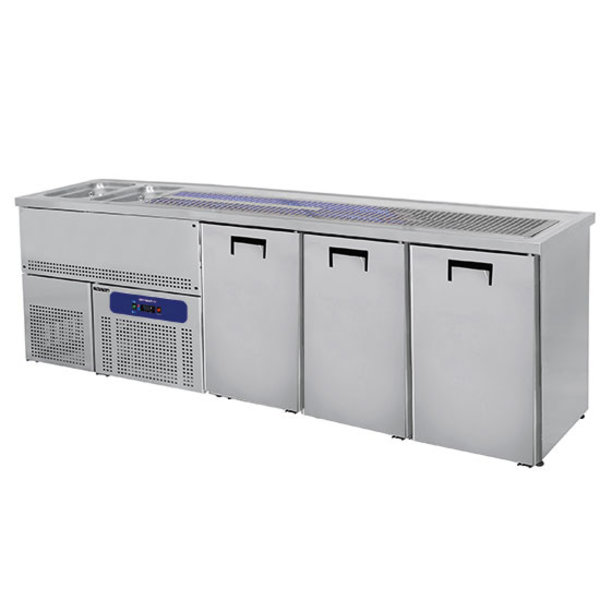 Bierkoeler RVS | 3 Deurs | Met 2 Spoelbakken Links | 230V | Voor 3x 50L fusten | 2500x700x960(h)mm