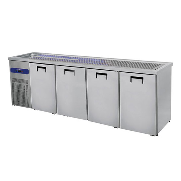 Bierkoeler RVS | 4 Deurs | Met 1 Spoelbak Links | 230V | Voor 4x 50L fusten | 2650x700x960(h)mm