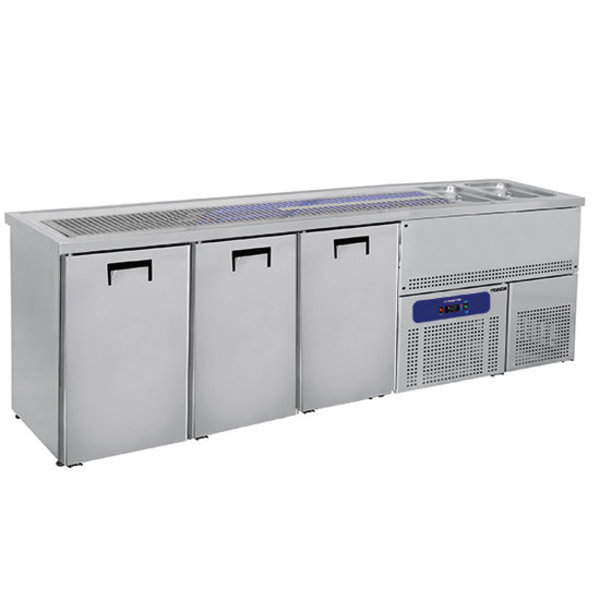 Bierkoeler RVS | 3 Deurs | Met 2 Spoelbakken Rechts | 230V | Voor 3x 50L fusten | 2500x700x960(h)mm