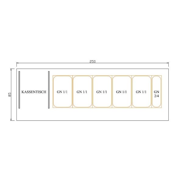 Saladette werkbank + kast element | met luchtcirculatie | 5x GN 1/1 - 1x GN 2/4 | 2500x850x1300(h)mm