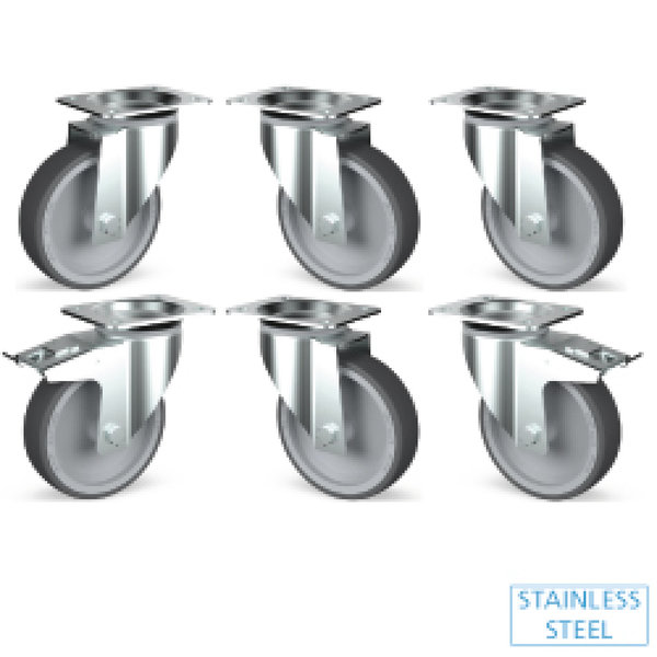 Set 6 zwenkwielen RVS., 2 met rem | 125(h)mm