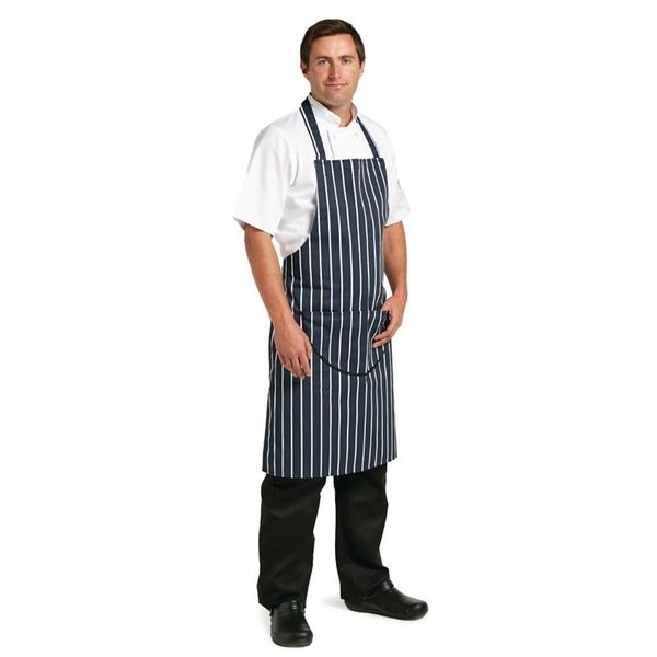 Whites halterschort blauw-wit gestreept met zak | Polyester/Katoen | 965(l)x711(b)mm