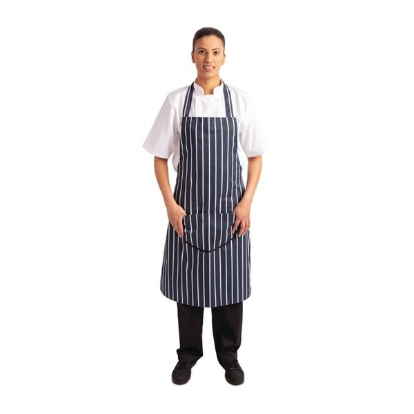 Whites halterschort blauw-wit gestreept met zak | Polyester/Katoen | 965(l)x711(b)mm