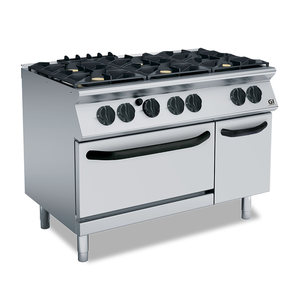 700 HP Gasfornuis | 6 Branders | Met Gasoven 1200mm | GN 2/1 | 44kW | 1200x730x870(h)mm